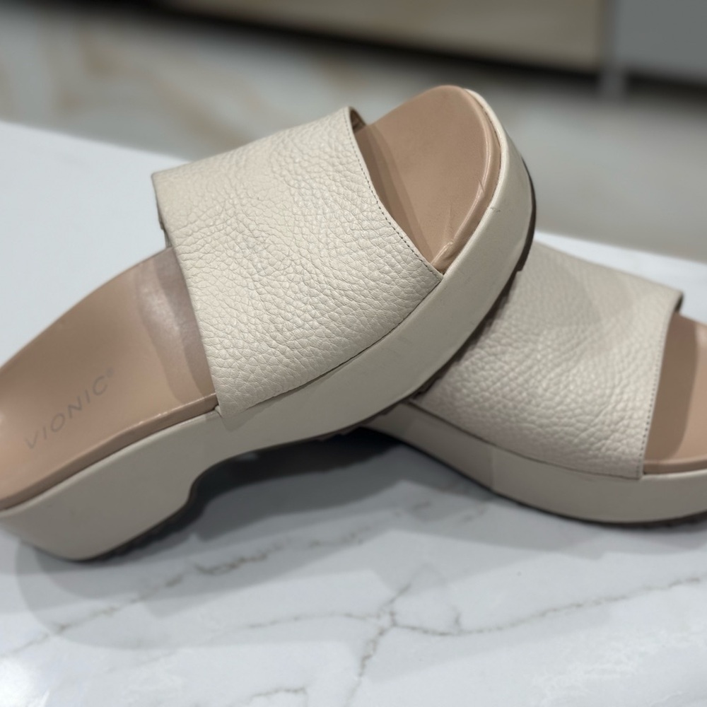 Bionic Tumbled Leather Platform Slides, Cream Col… - image 4